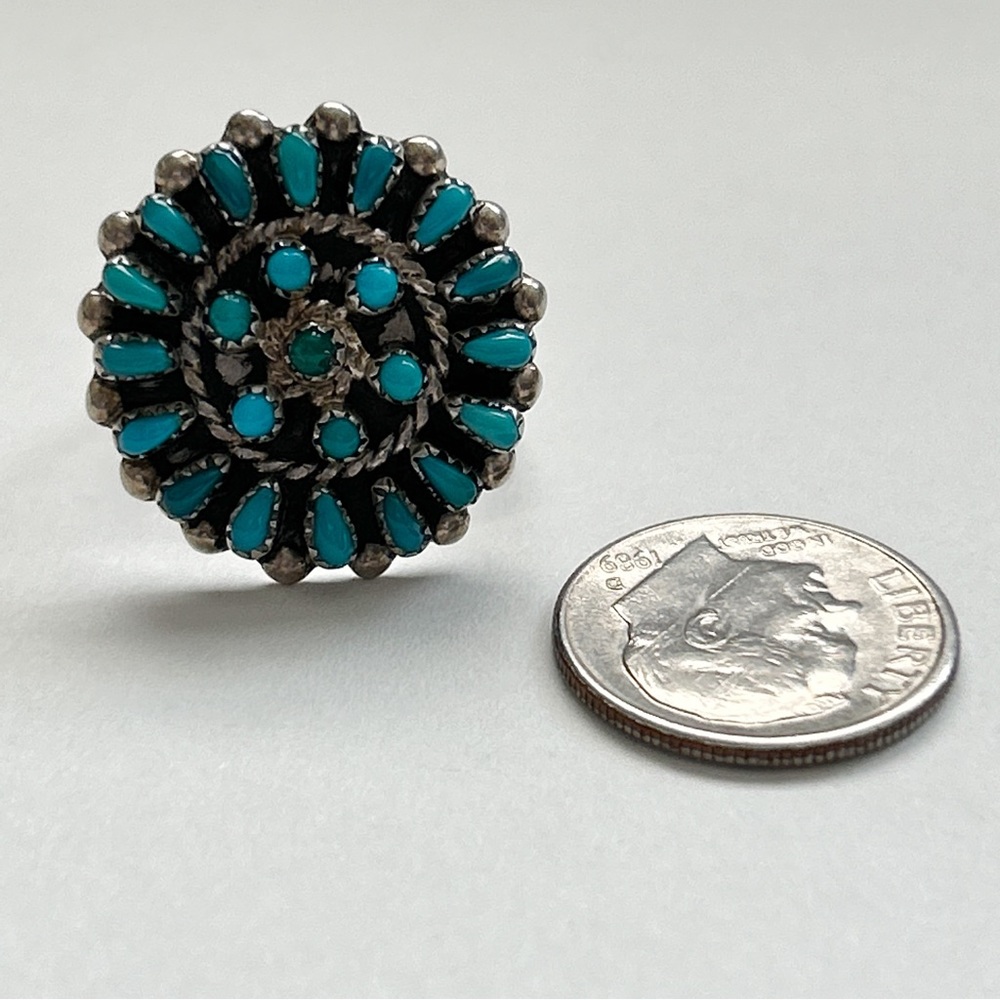 Vintage Zuni Turquoise Cluster Sterling Silver Ring - Picture 14 of 14